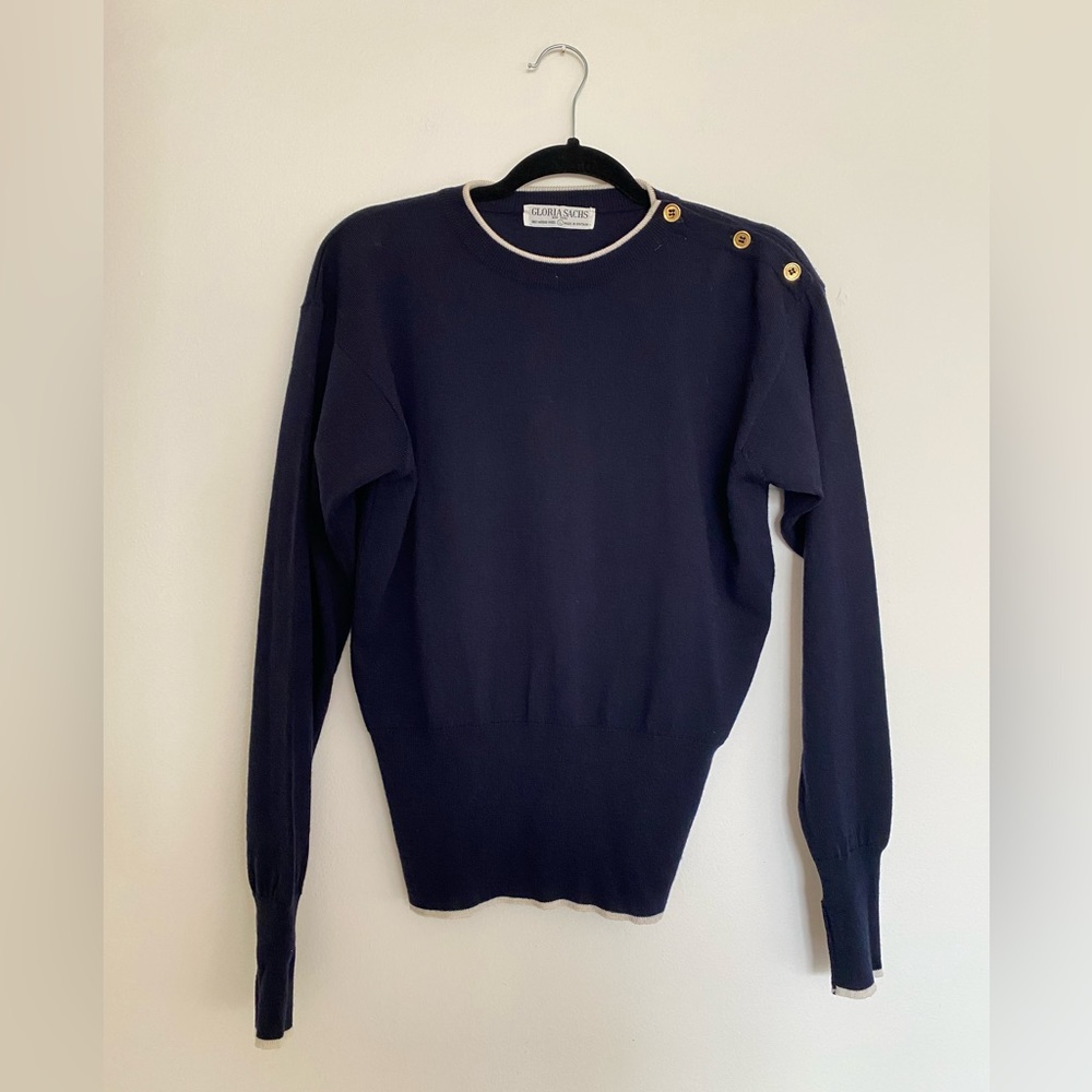 Vintage Gloria Sachs Navy Blue Merino Wool Sweater